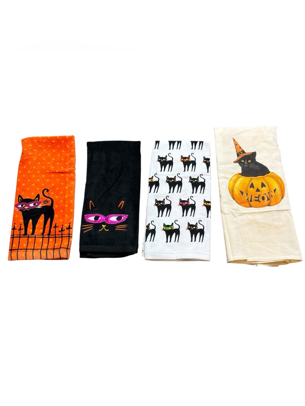Lot of Four Cat Themed Halloween Tea Towels
